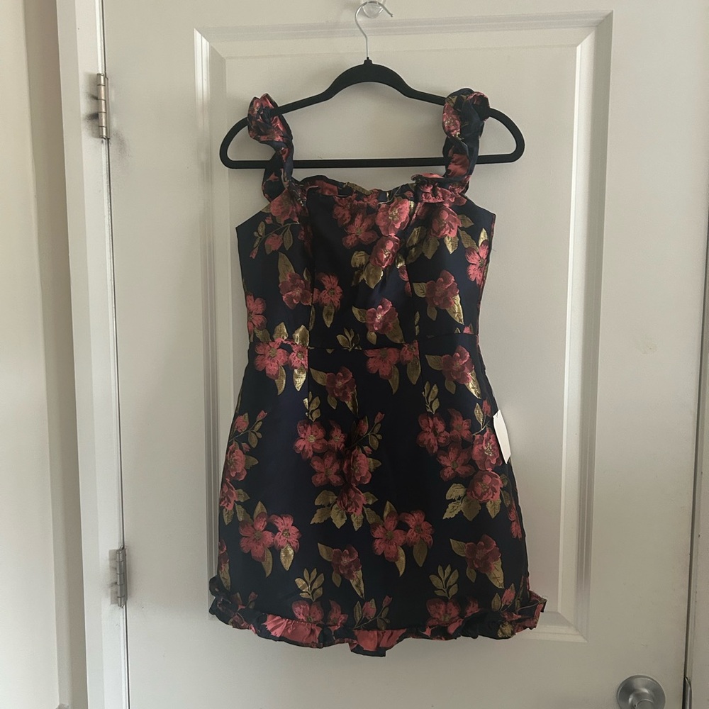 Lulu's Navy Dress with Pink and Gold Floral Trim